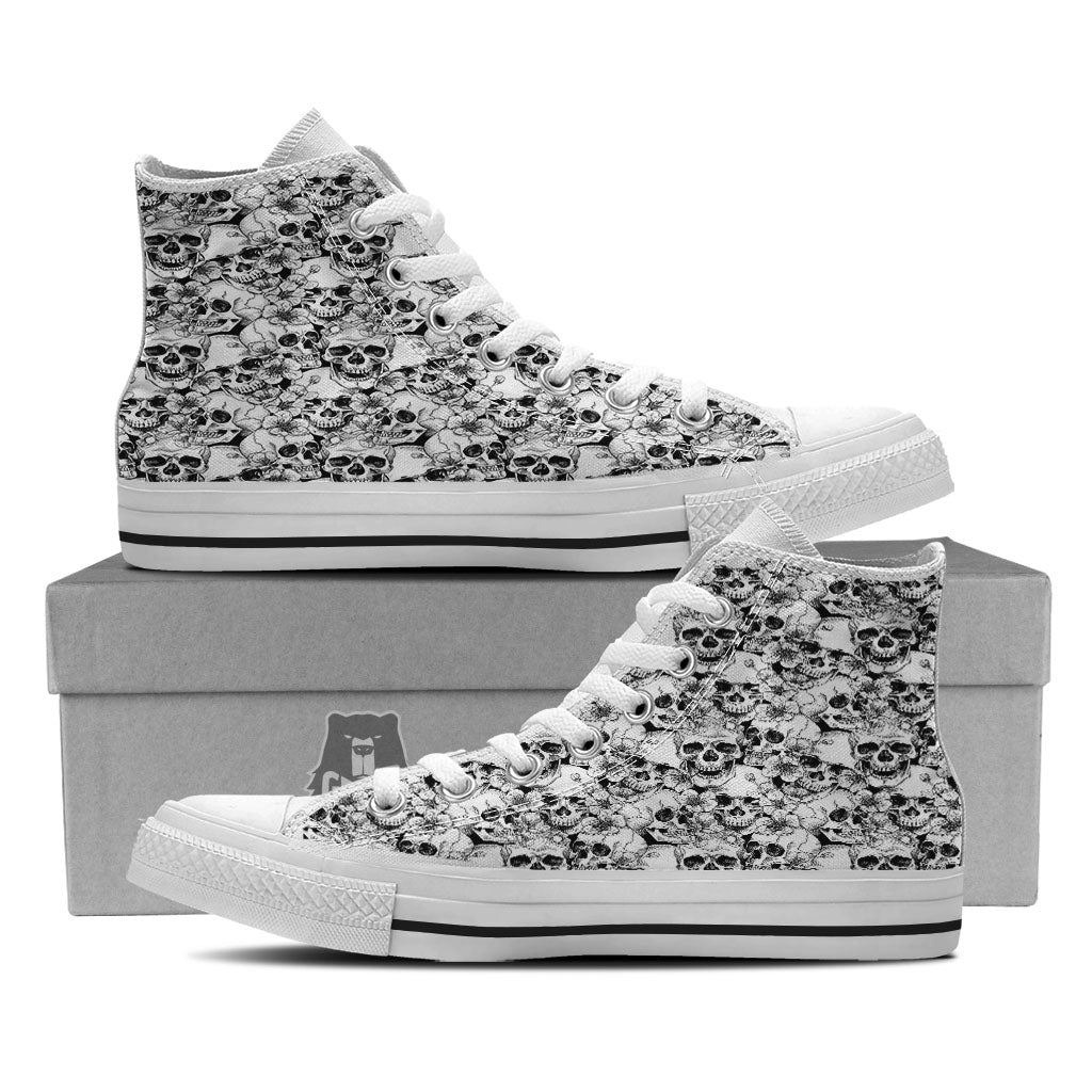 Skull Blossom Peony Print Pattern White High Top Shoes-grizzshop