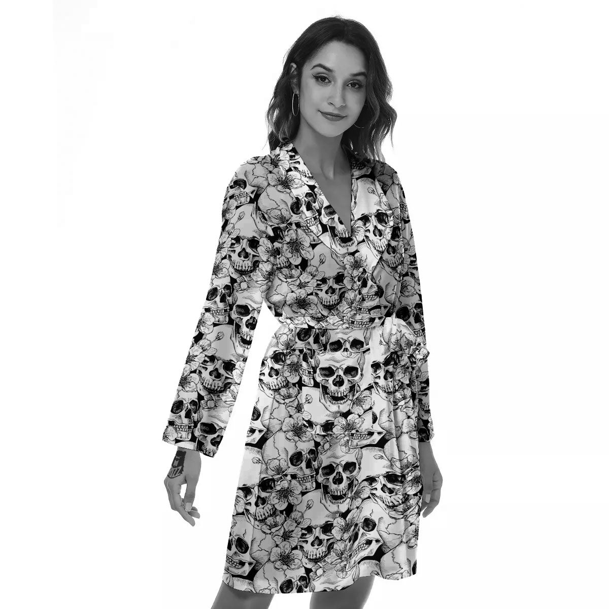 Skull Blossom Peony Print Pattern Women's Robe-grizzshop