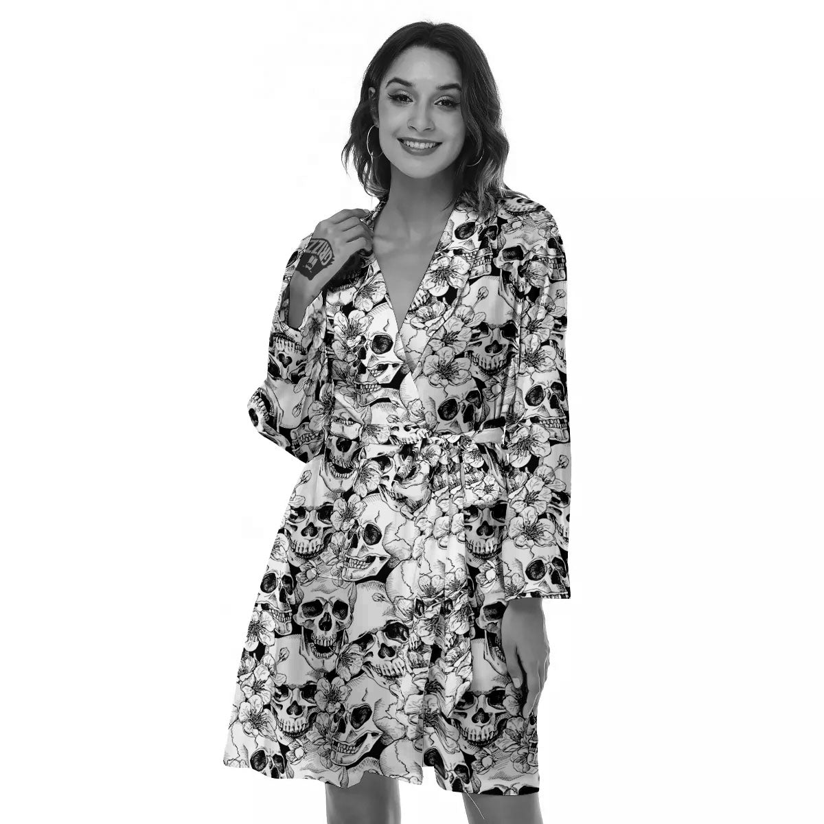 Skull Blossom Peony Print Pattern Women's Robe-grizzshop