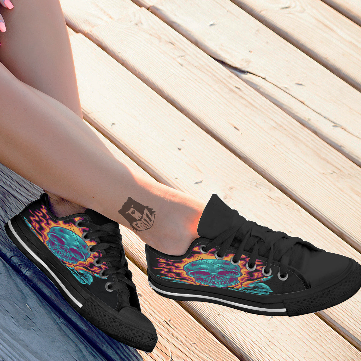 Skull Burning Print Black Low Top Shoes-grizzshop
