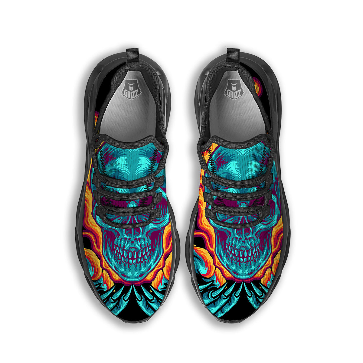Skull Burning Print Black Running Shoes-grizzshop