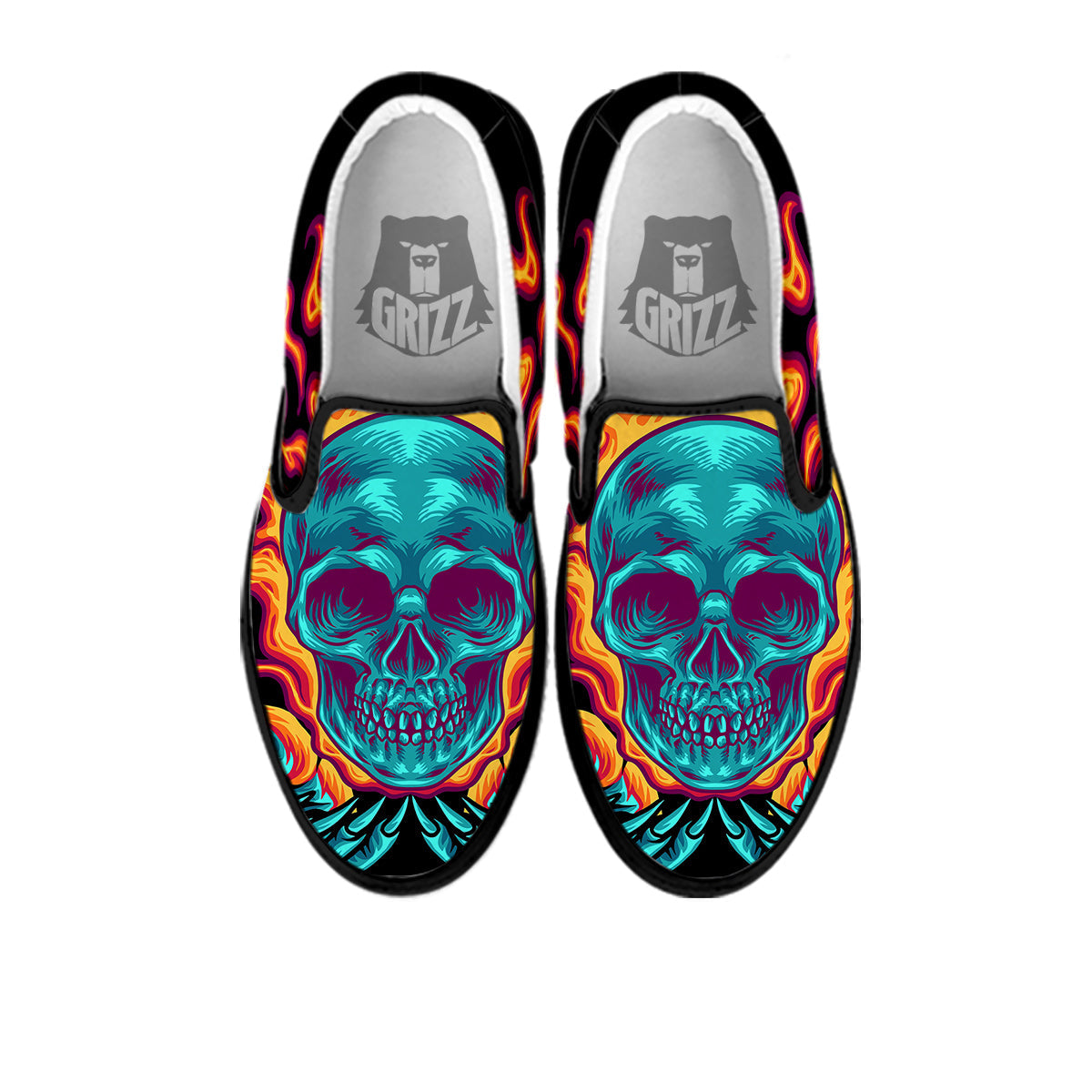 Skull Burning Print Black Slip On Shoes-grizzshop