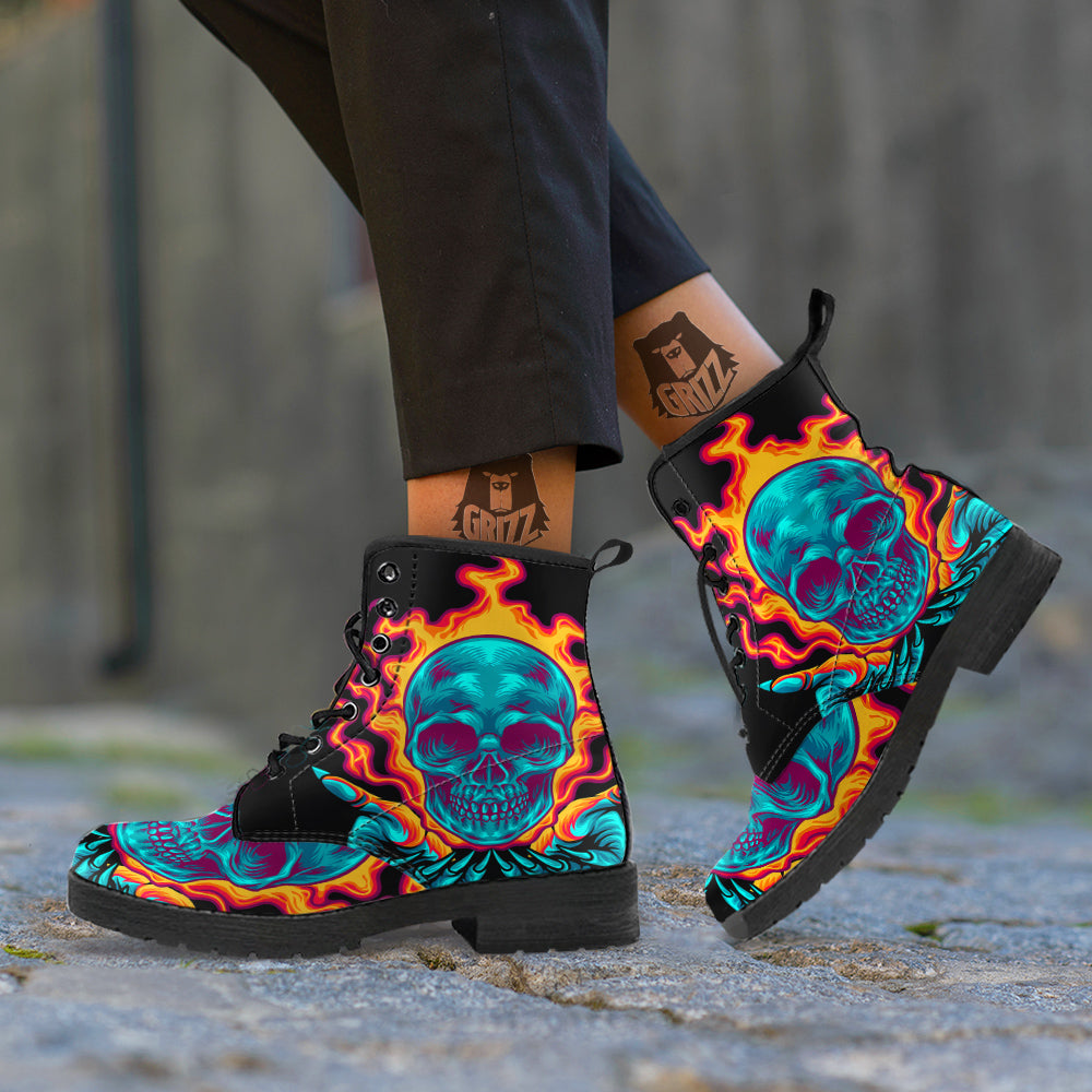 Skull Burning Print Leather Boots-grizzshop
