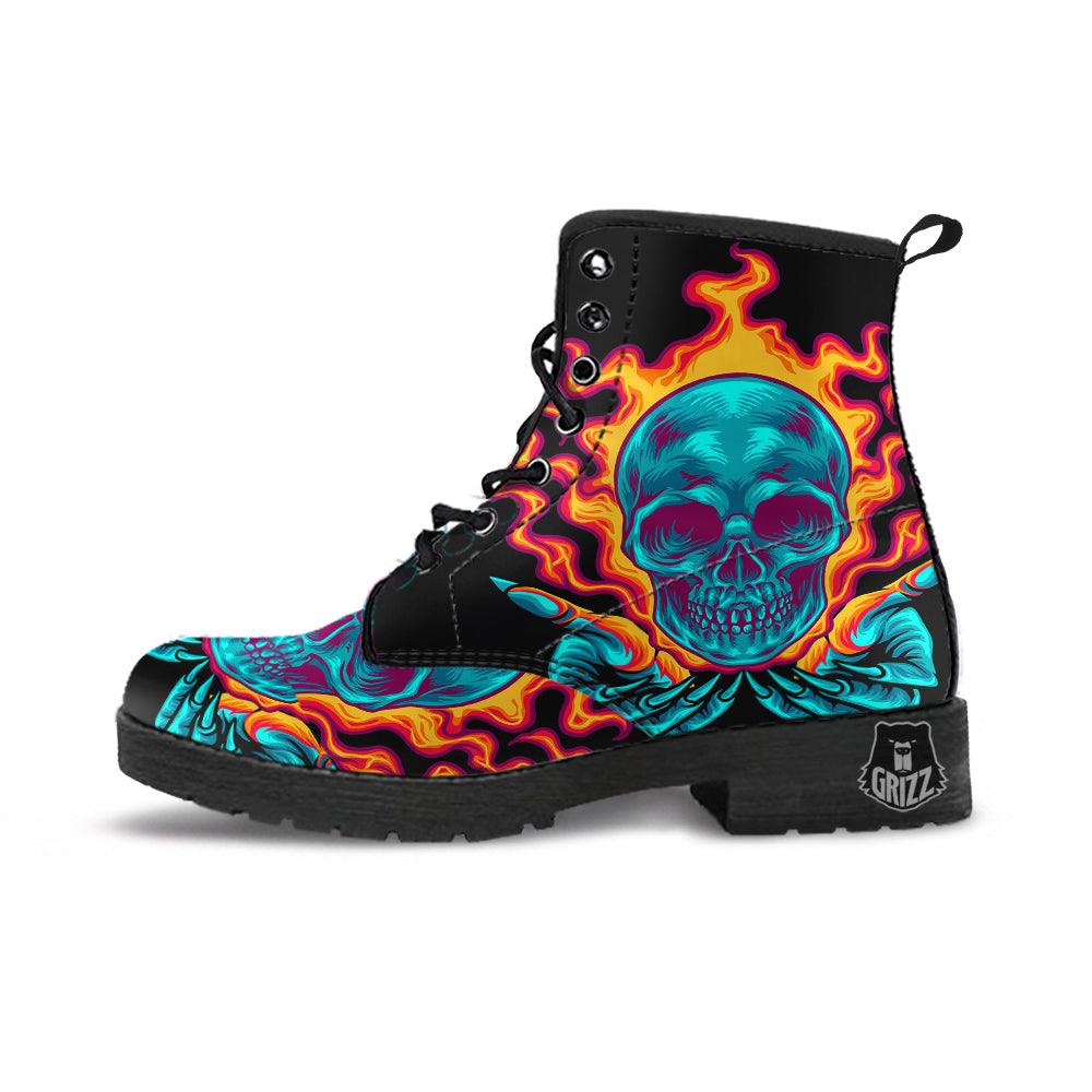 Skull Burning Print Leather Boots-grizzshop