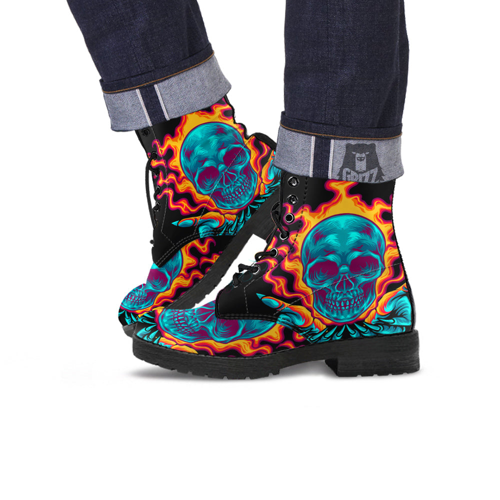 Skull Burning Print Leather Boots-grizzshop