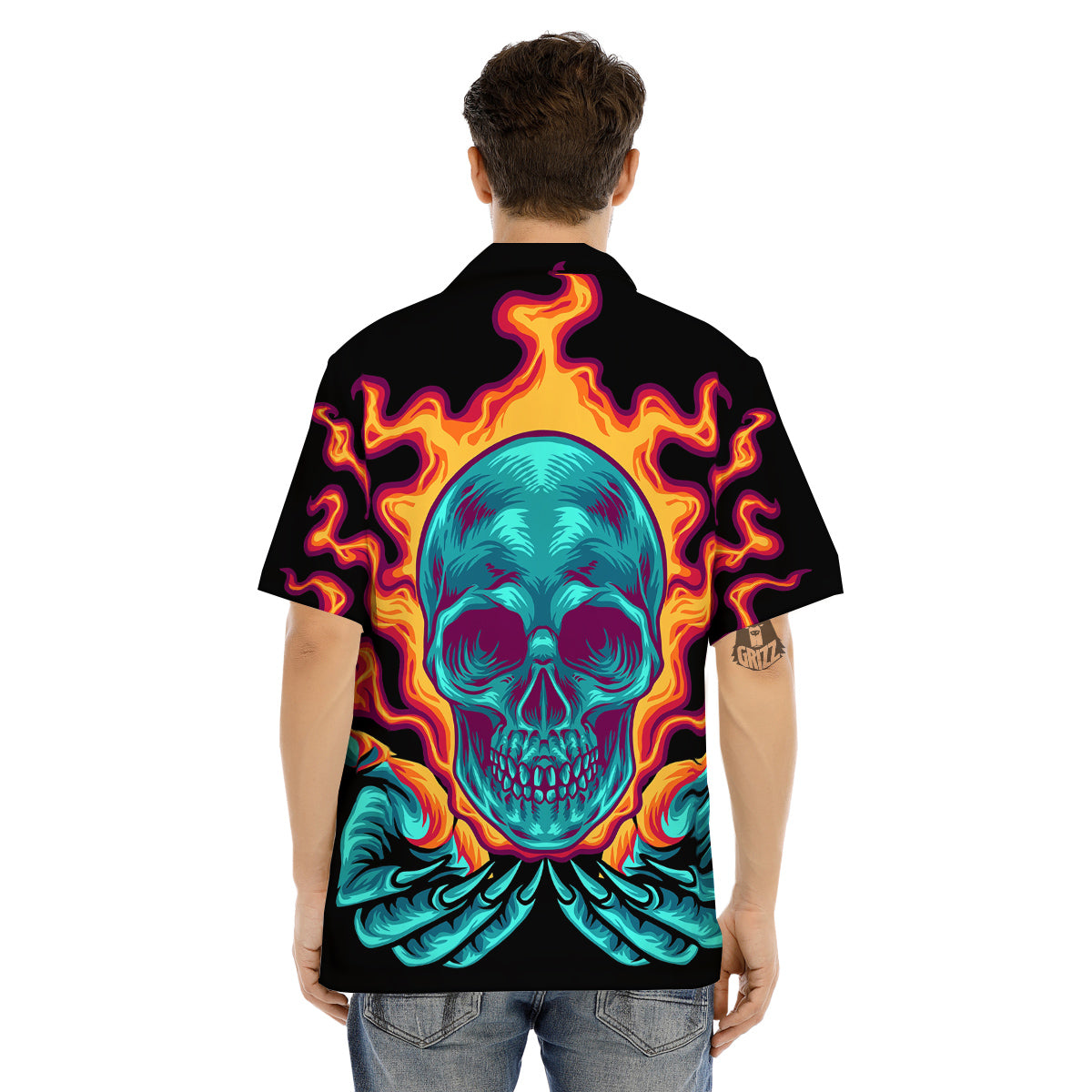 Skull Burning Print Men's Hawaiian Shirt-grizzshop