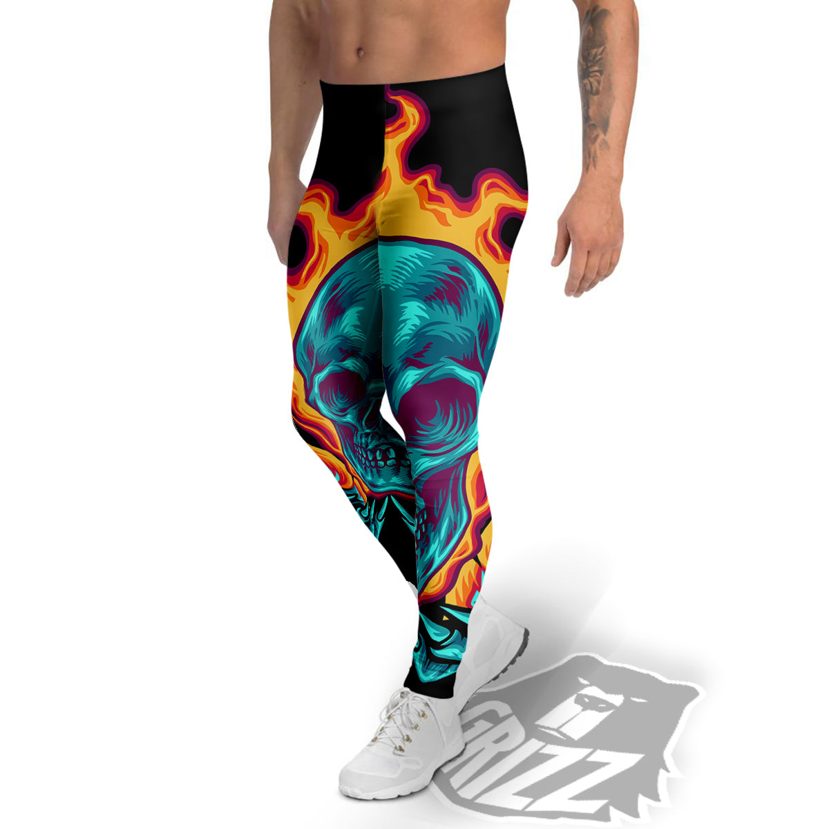 Skull Burning Print Men's Leggings-grizzshop