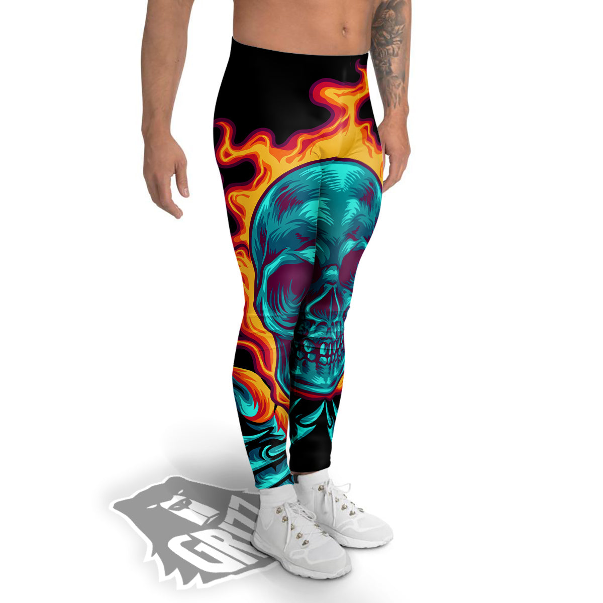 Skull Burning Print Men's Leggings-grizzshop