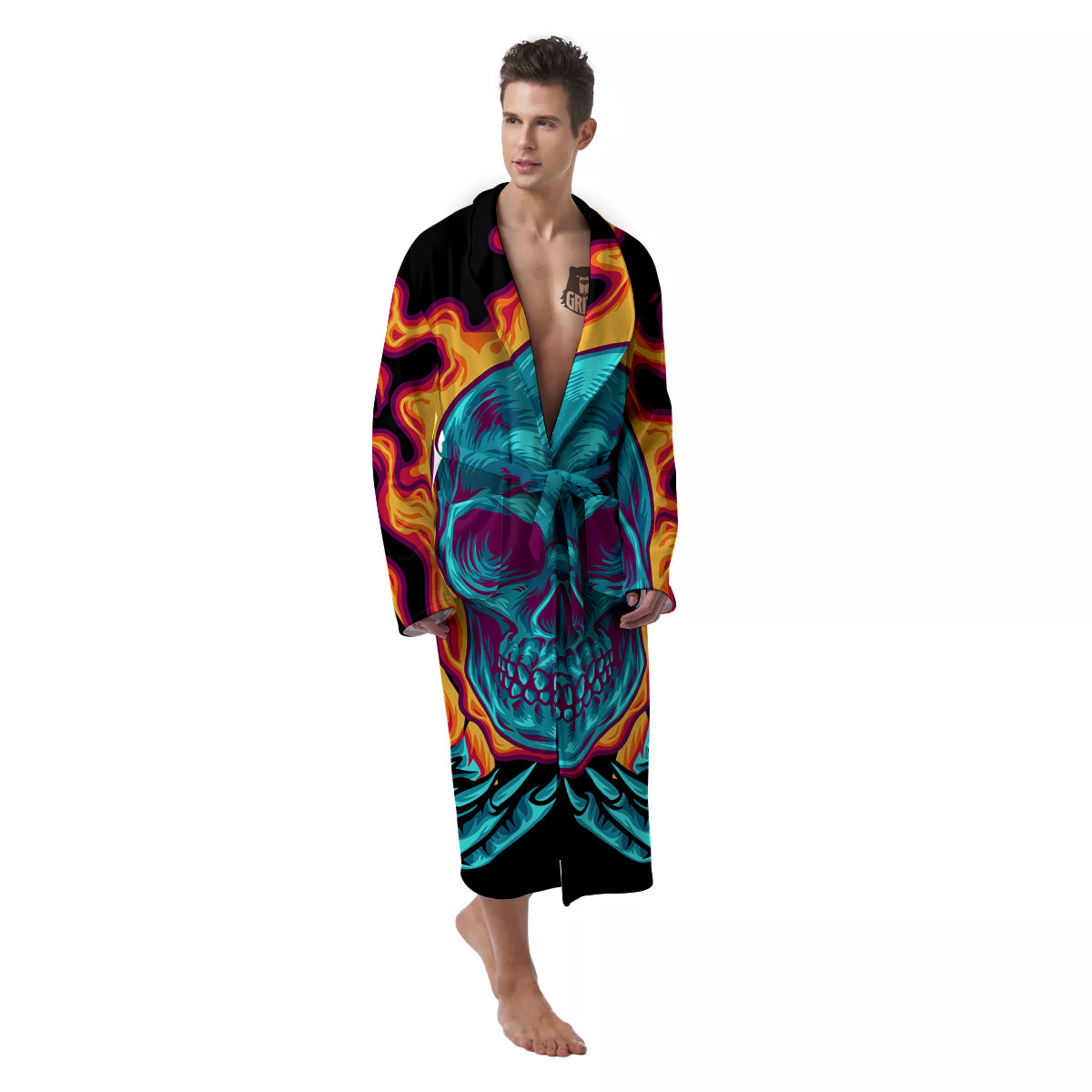 Skull Burning Print Men's Robe-grizzshop