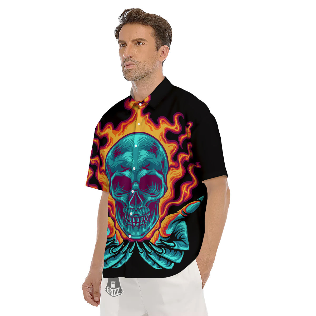 Skull Burning Print Men's Short Sleeve Shirts-grizzshop