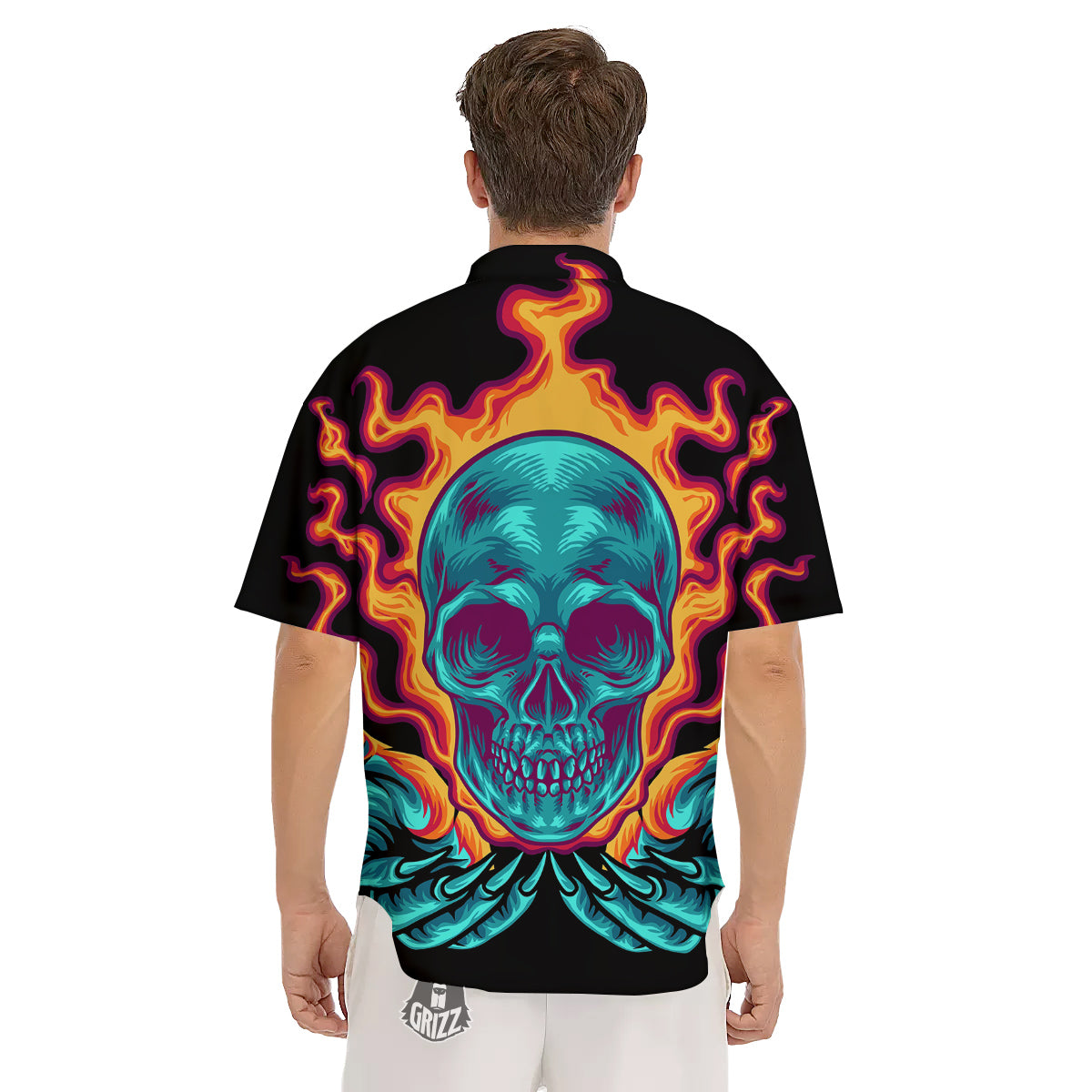 Skull Burning Print Men's Short Sleeve Shirts-grizzshop