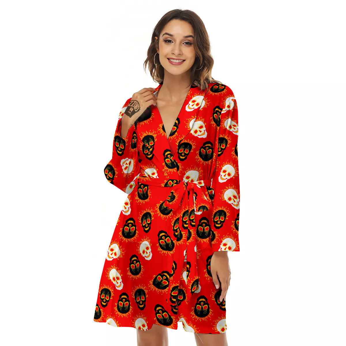 Skull Burning Print Pattern Women's Robe-grizzshop