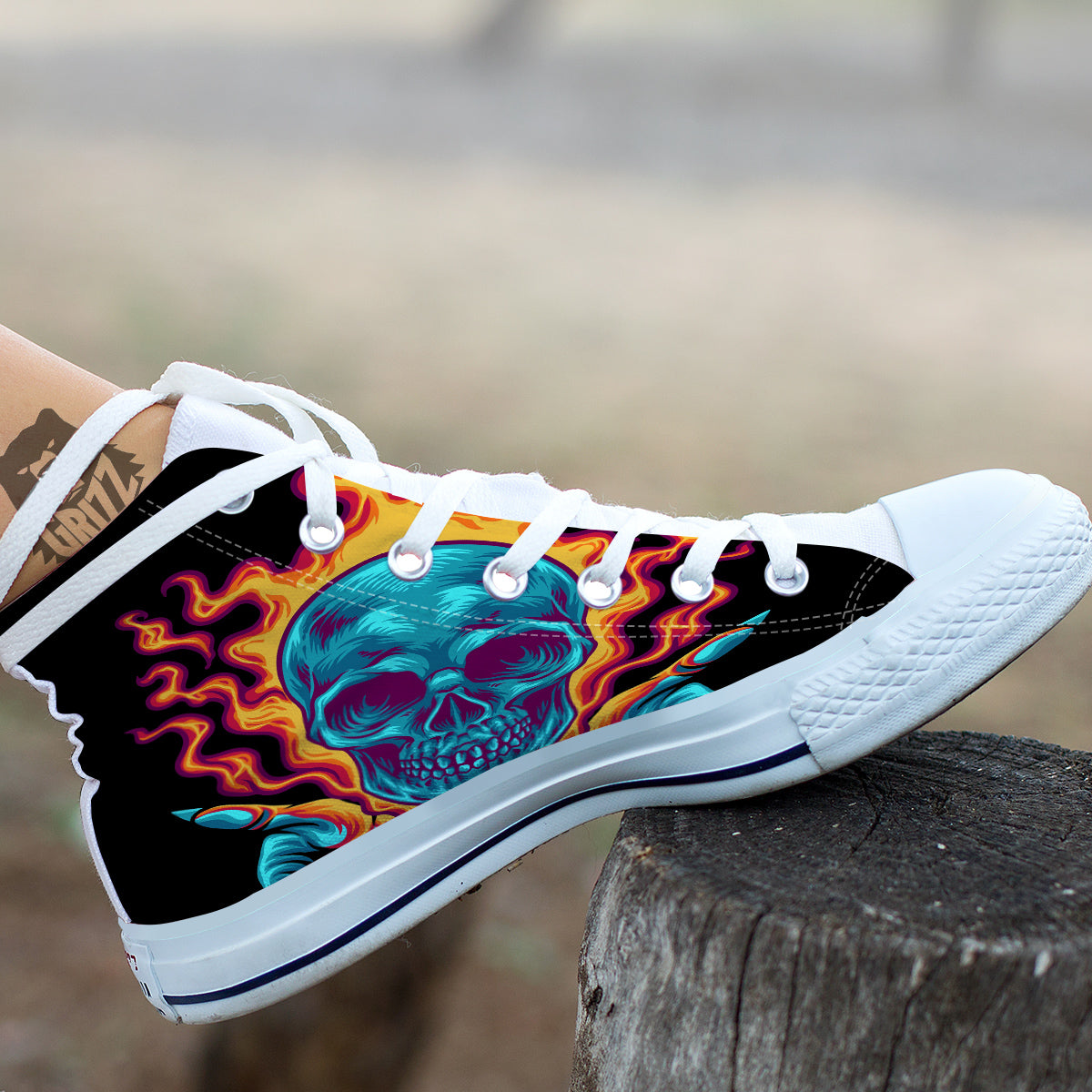 Skull Burning Print White High Top Shoes-grizzshop
