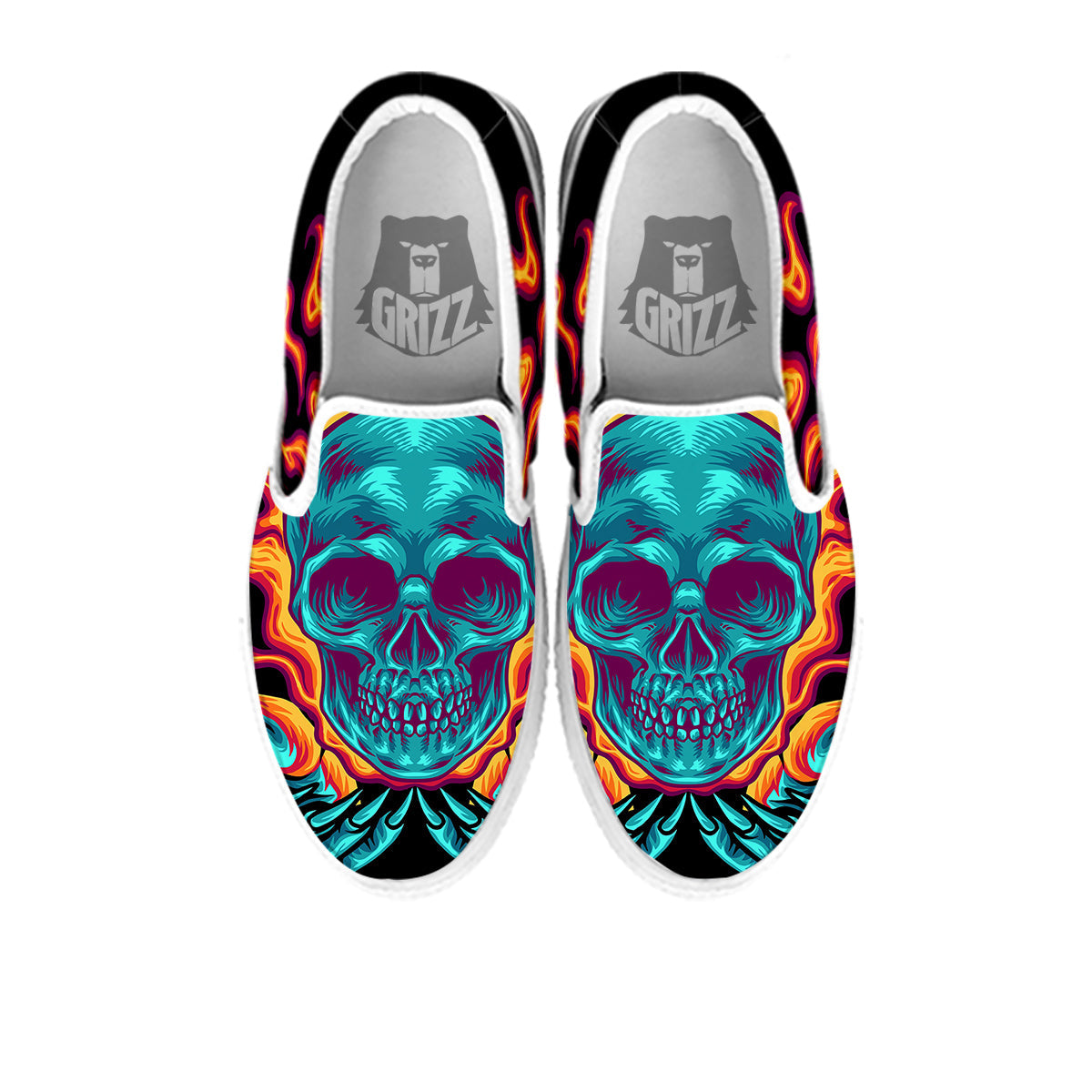 Skull Burning Print White Slip On Shoes-grizzshop