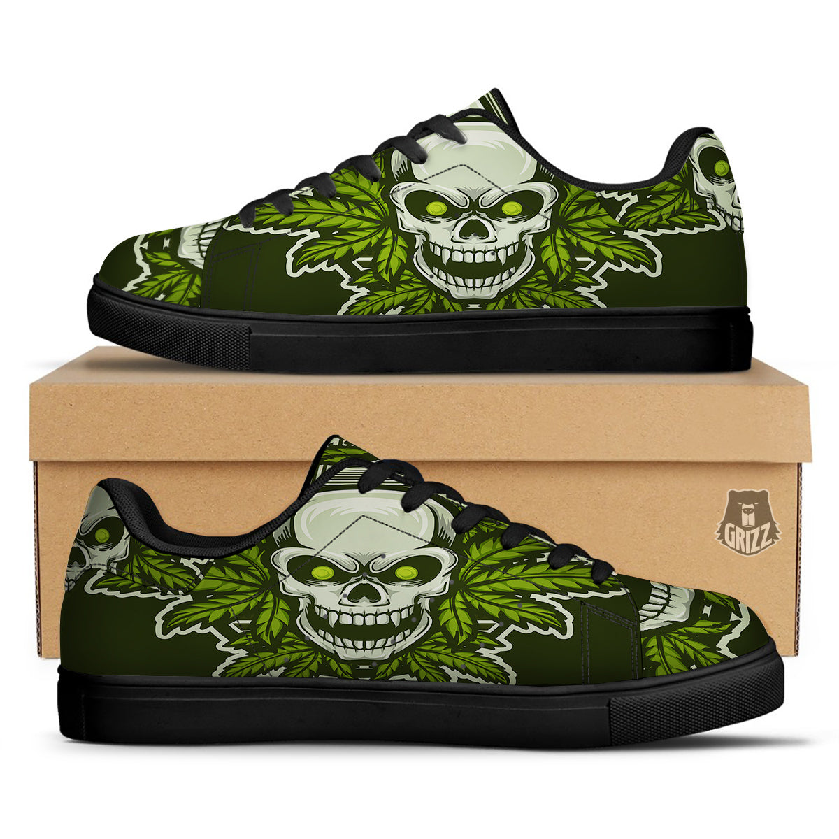 Skull Cannabis Print Black Low Top Sneakers-grizzshop