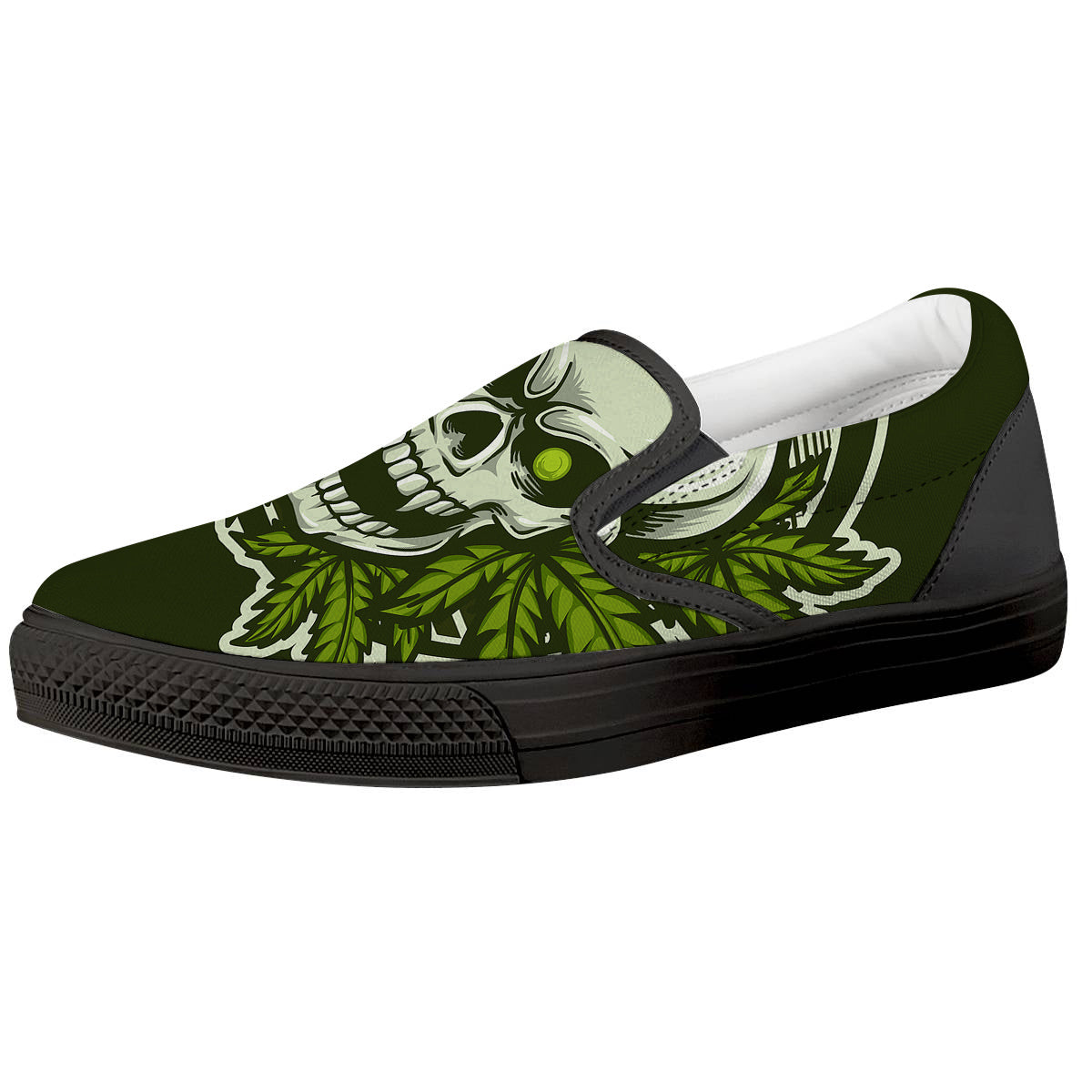Skull Cannabis Print Black Slip On Shoes-grizzshop