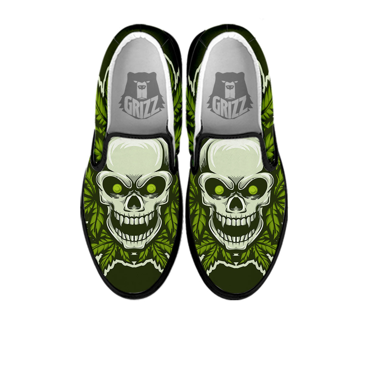 Skull Cannabis Print Black Slip On Shoes-grizzshop