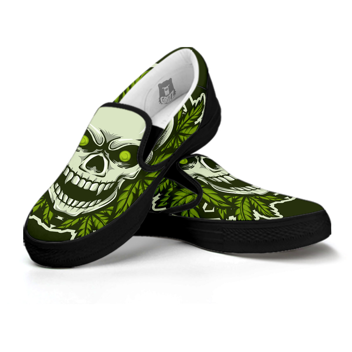 Skull Cannabis Print Black Slip On Shoes-grizzshop
