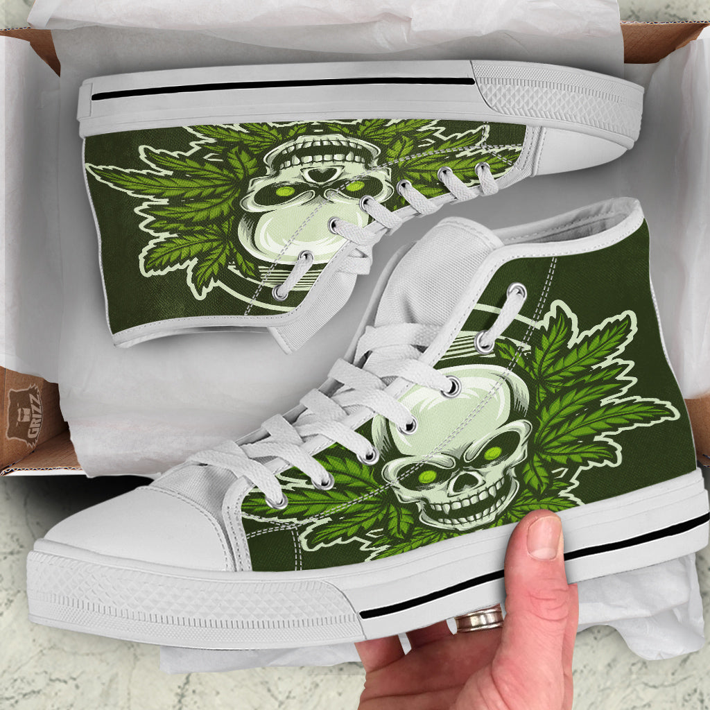 Skull Cannabis Print White High Top Shoes-grizzshop