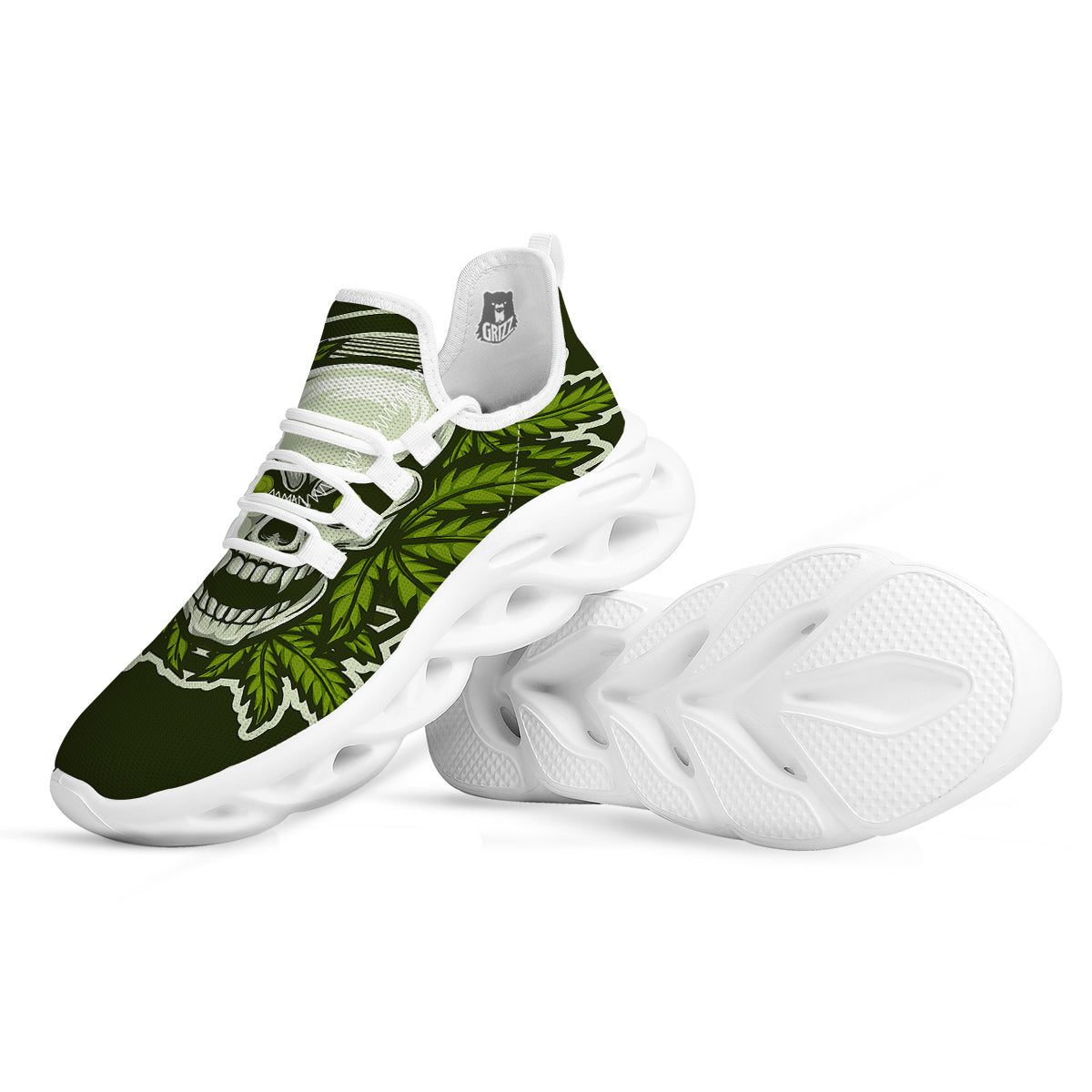 Skull Cannabis Print White Running Shoes-grizzshop