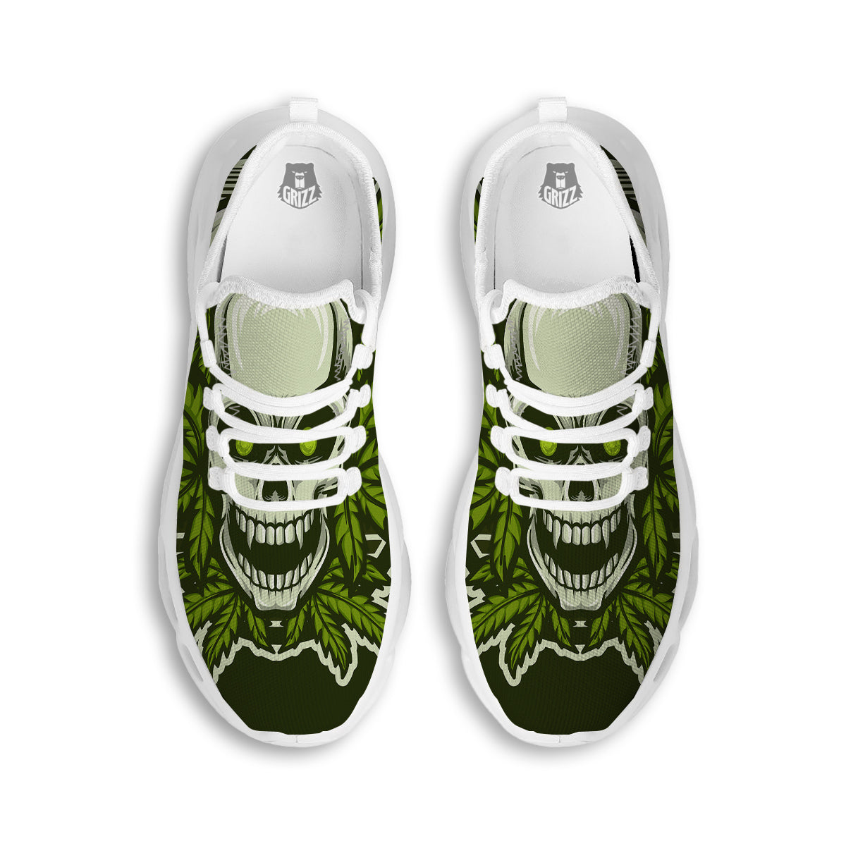 Skull Cannabis Print White Running Shoes-grizzshop