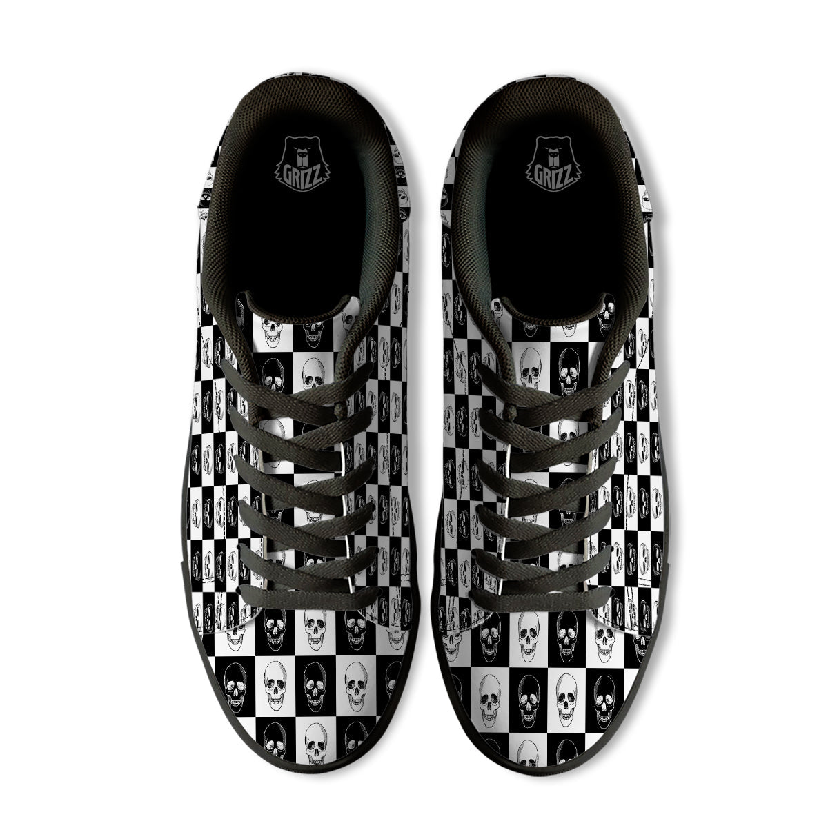 Skull Checkered Print Pattern Black Low Top Sneakers-grizzshop