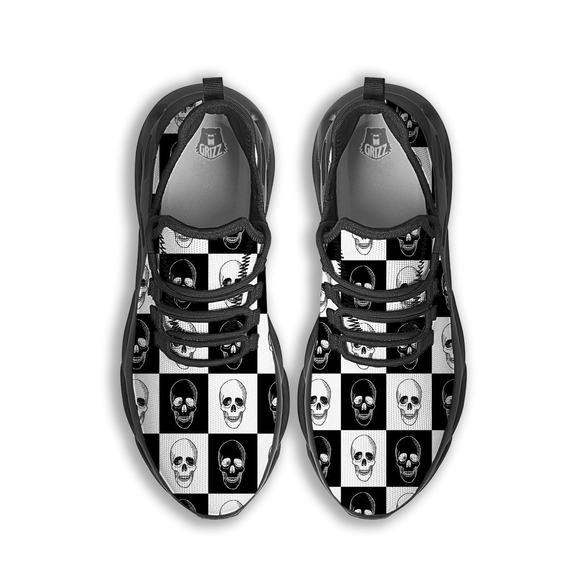 Skull Checkered Print Pattern Black Running Shoes-grizzshop