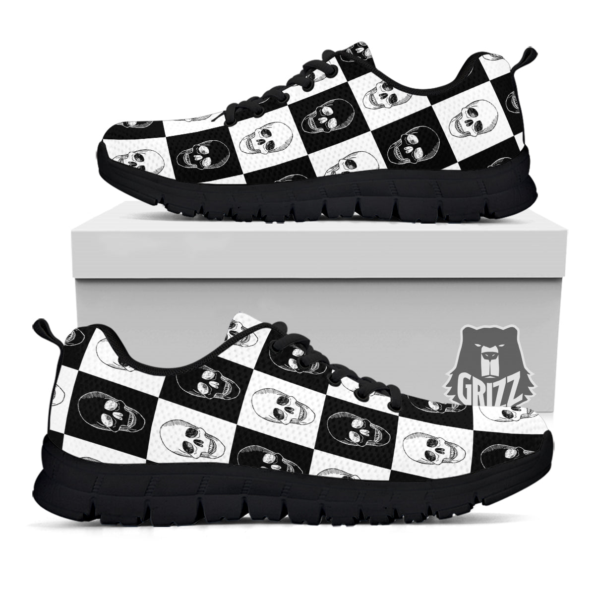 Skull Checkered Print Pattern Black Sneaker-grizzshop
