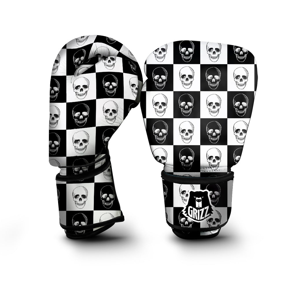 Skull Checkered Print Pattern Boxing Gloves-grizzshop