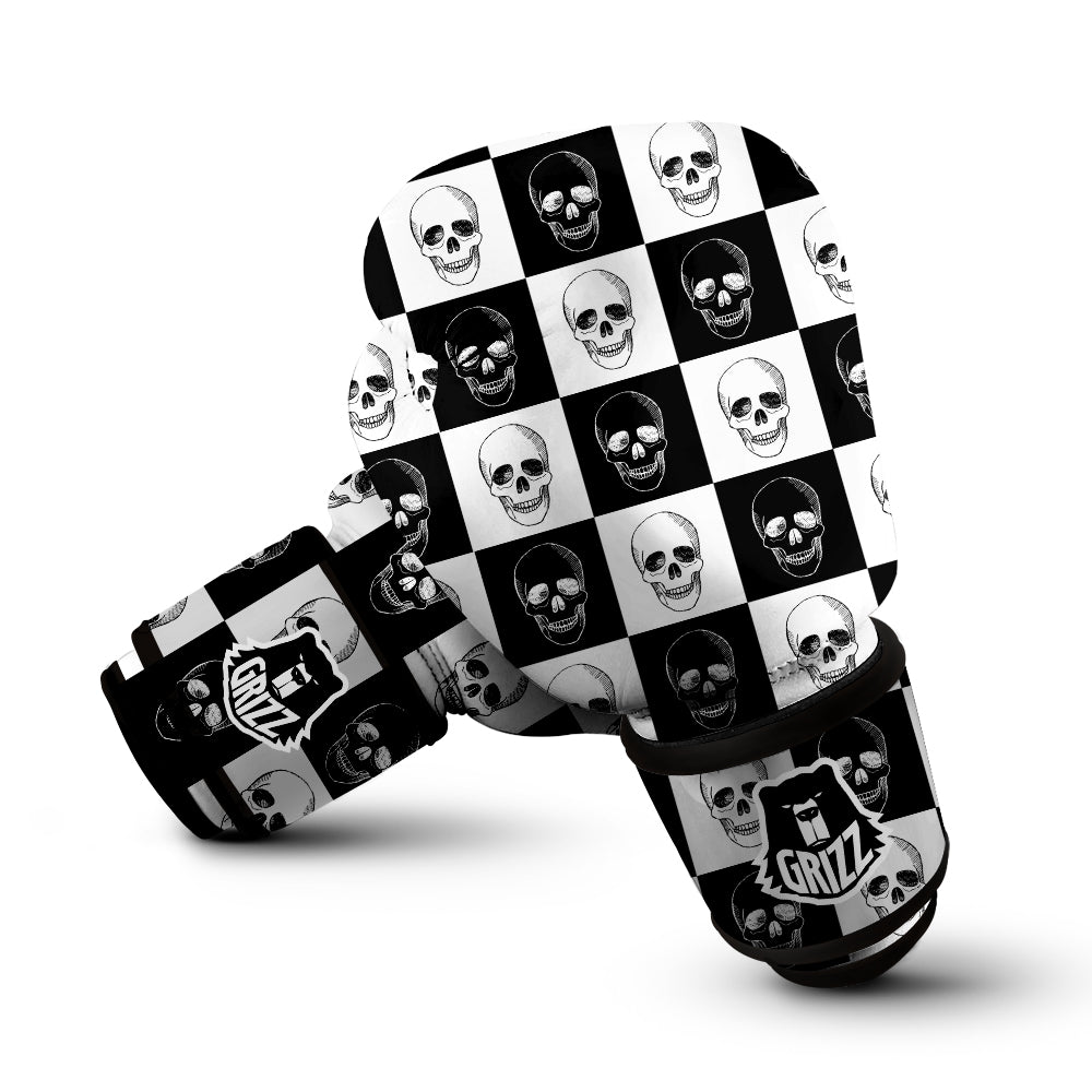 Skull Checkered Print Pattern Boxing Gloves-grizzshop