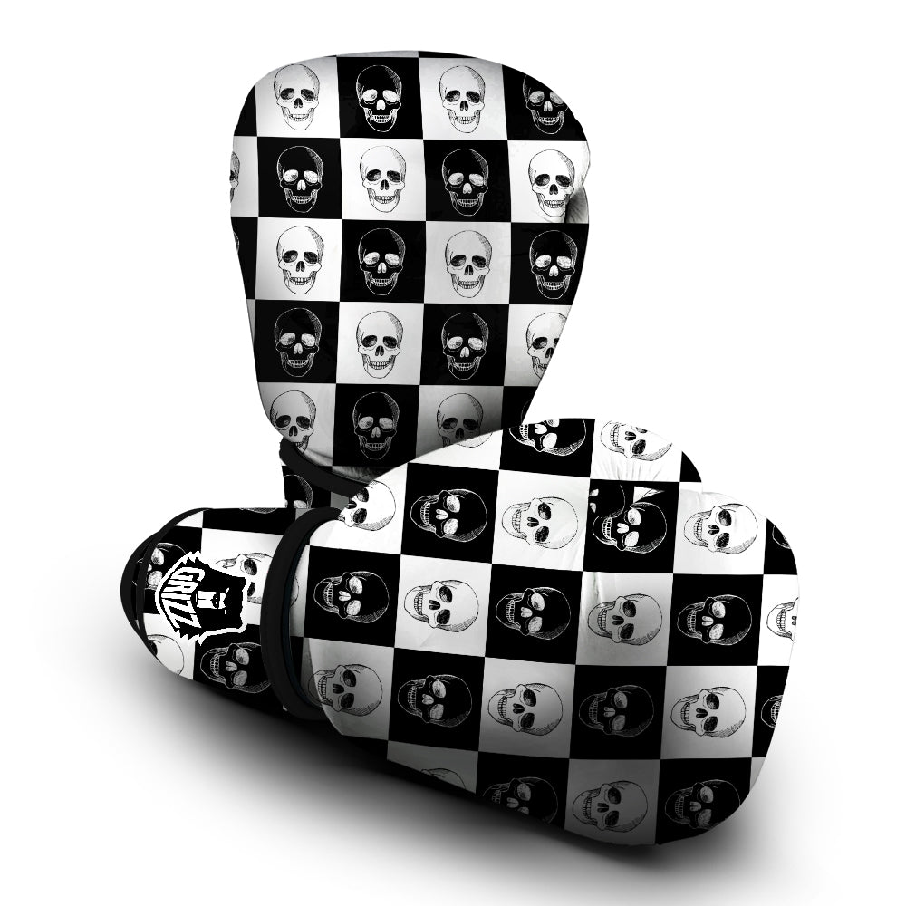 Skull Checkered Print Pattern Boxing Gloves-grizzshop