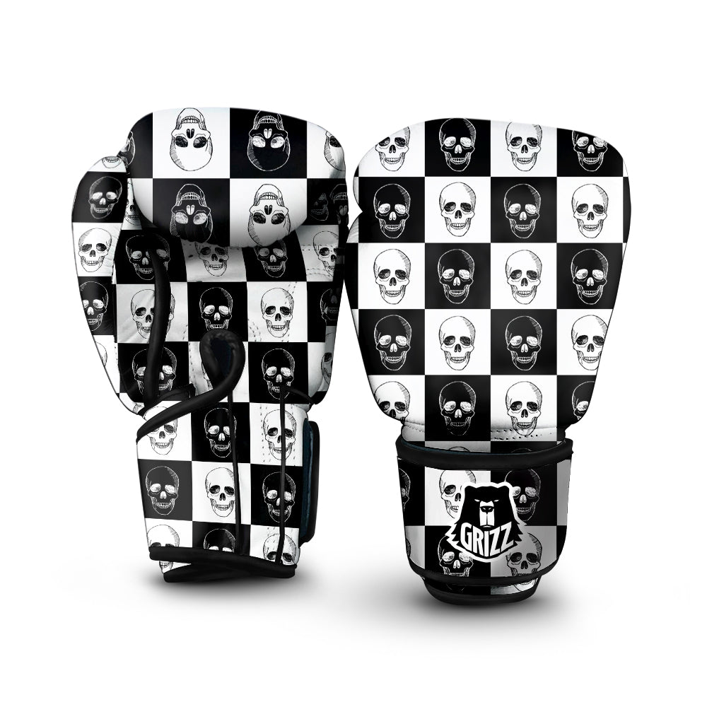 Skull Checkered Print Pattern Boxing Gloves-grizzshop