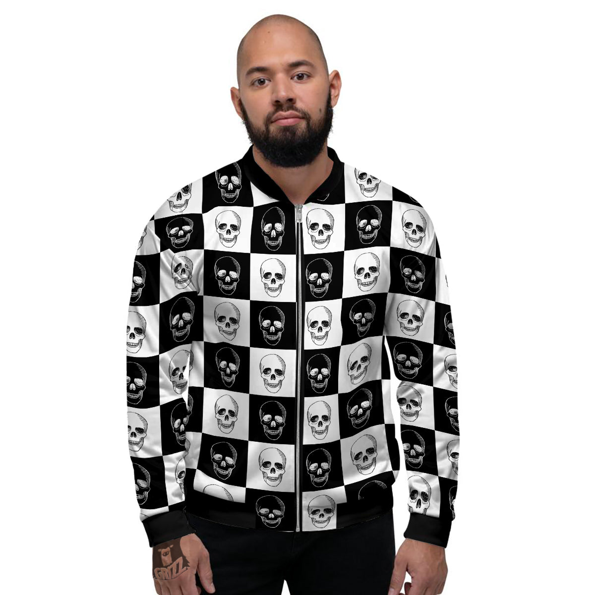 Skull Checkered Print Pattern Men's Bomber Jacket-grizzshop