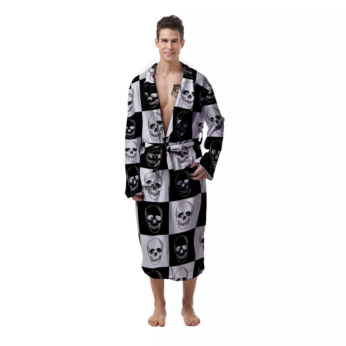 Skull Checkered Print Pattern Men's Robe-grizzshop