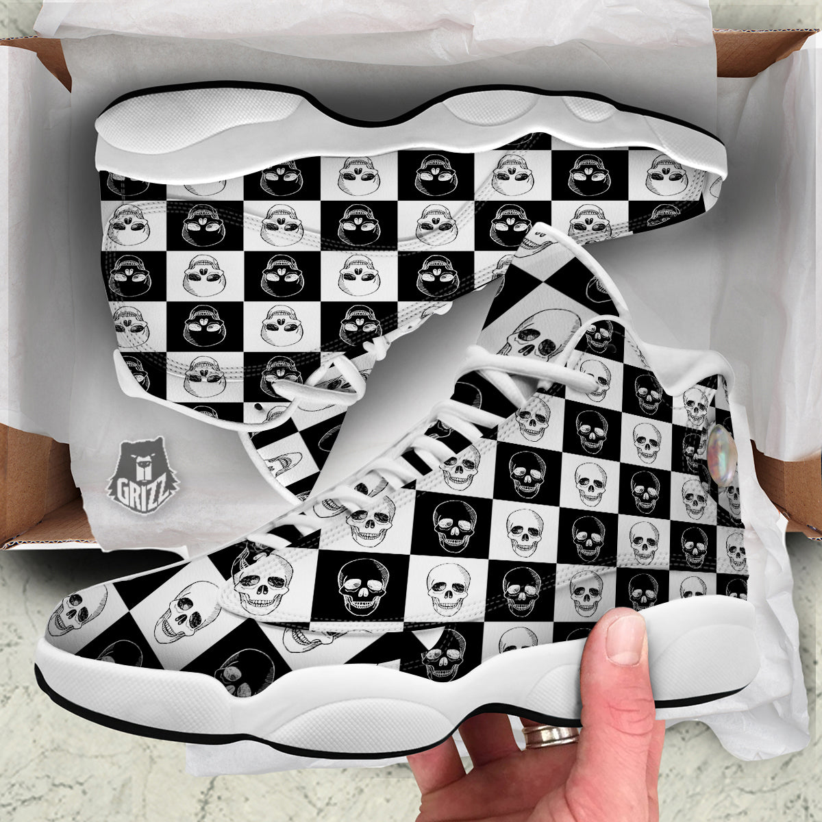 Skull Checkered Print Pattern White Basketball Shoes-grizzshop