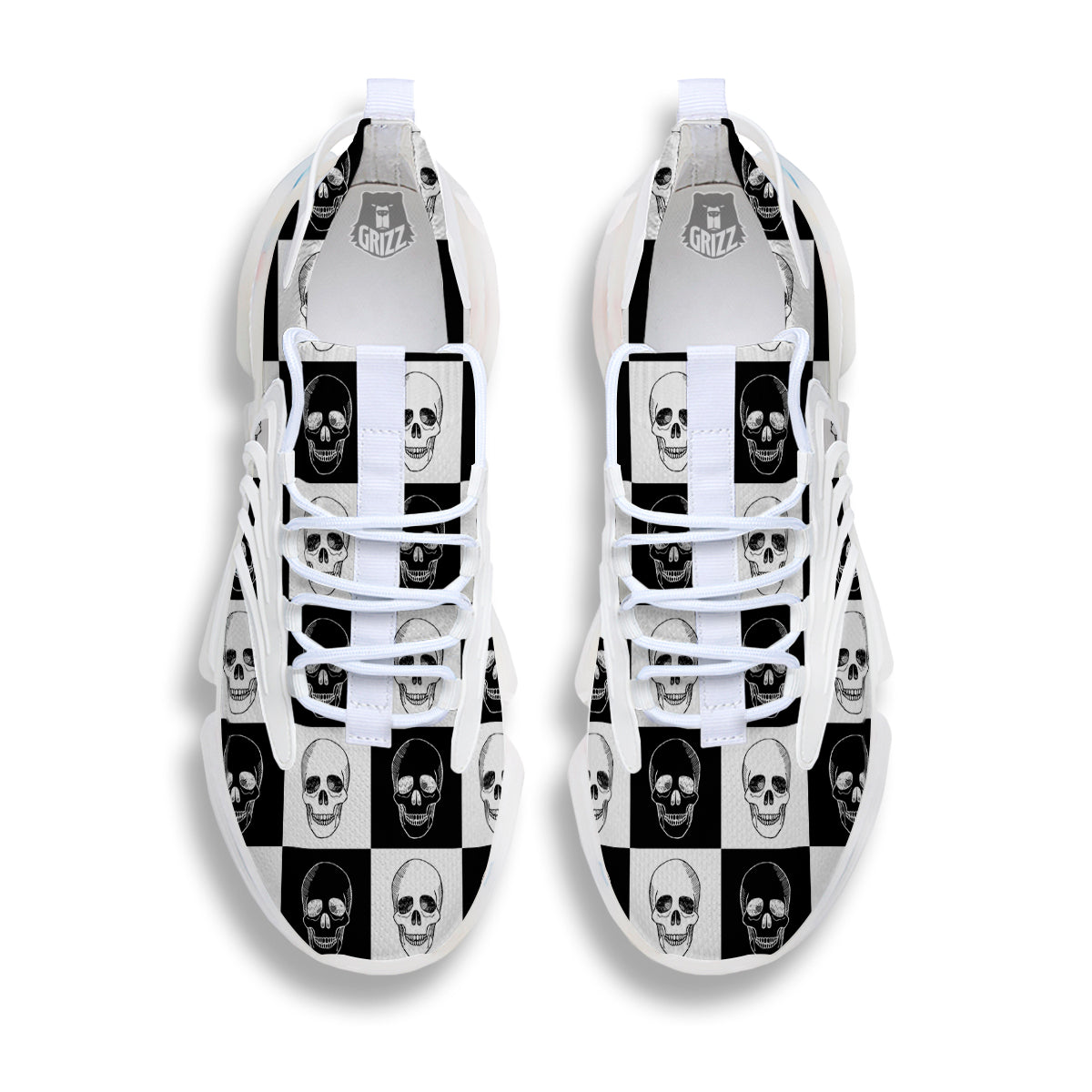 Skull Checkered Print Pattern White Gym Shoes-grizzshop