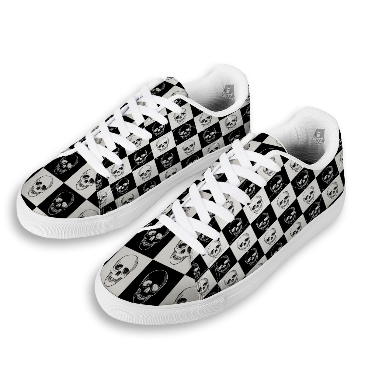 Skull Checkered Print Pattern White Low Top Sneakers-grizzshop