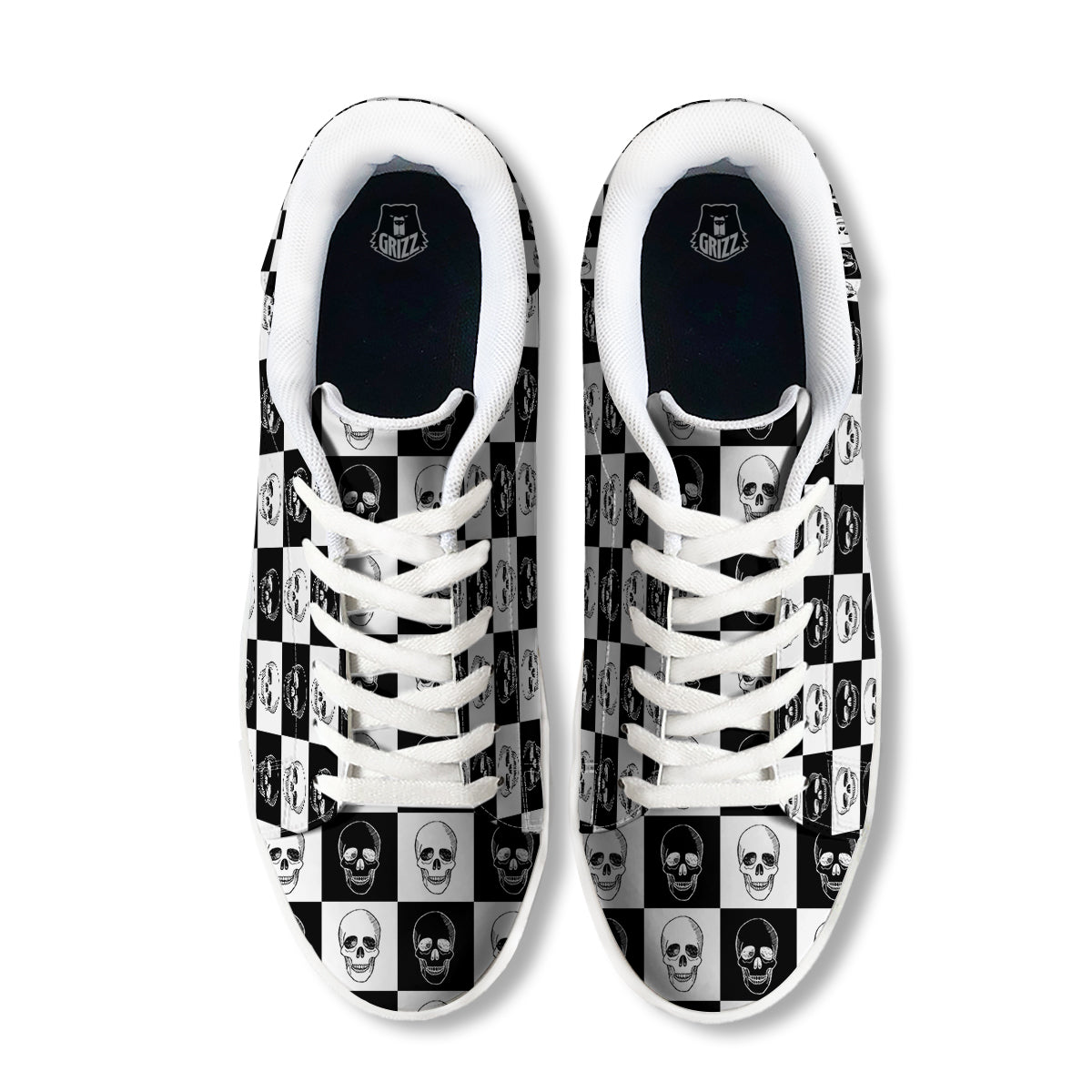Skull Checkered Print Pattern White Low Top Sneakers-grizzshop