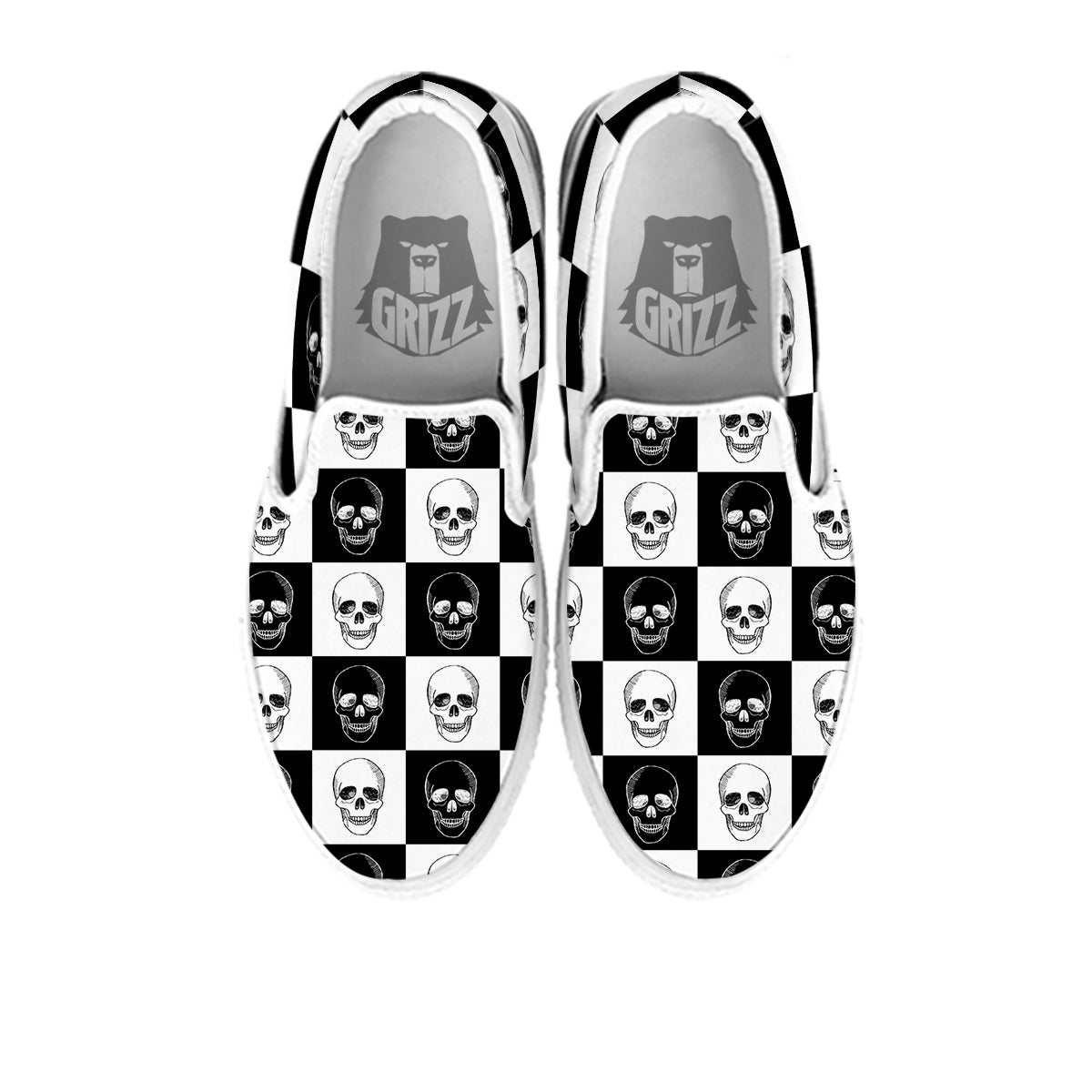 Skull Checkered Print Pattern White Slip On Shoes-grizzshop