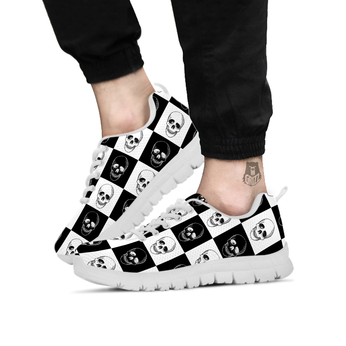 Skull Checkered Print Pattern White Sneaker-grizzshop