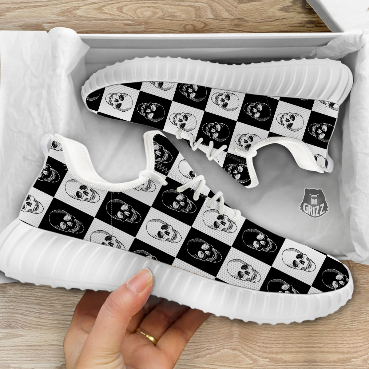 Skull Checkered Print Pattern White Walking Shoes-grizzshop