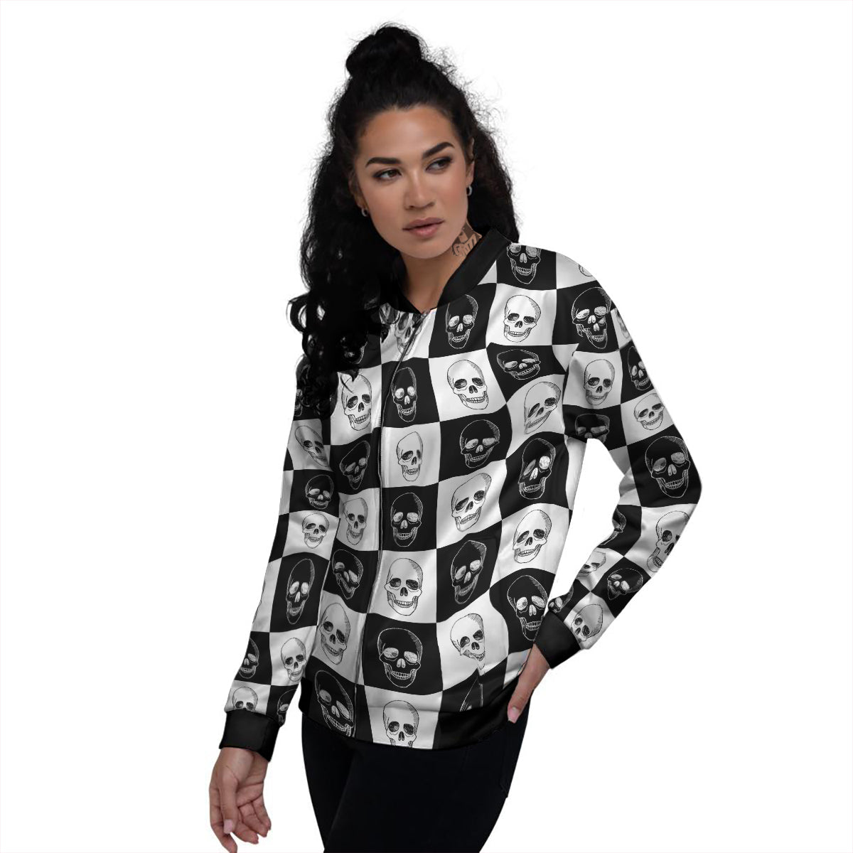 Skull Checkered Print Pattern Women's Bomber Jacket-grizzshop