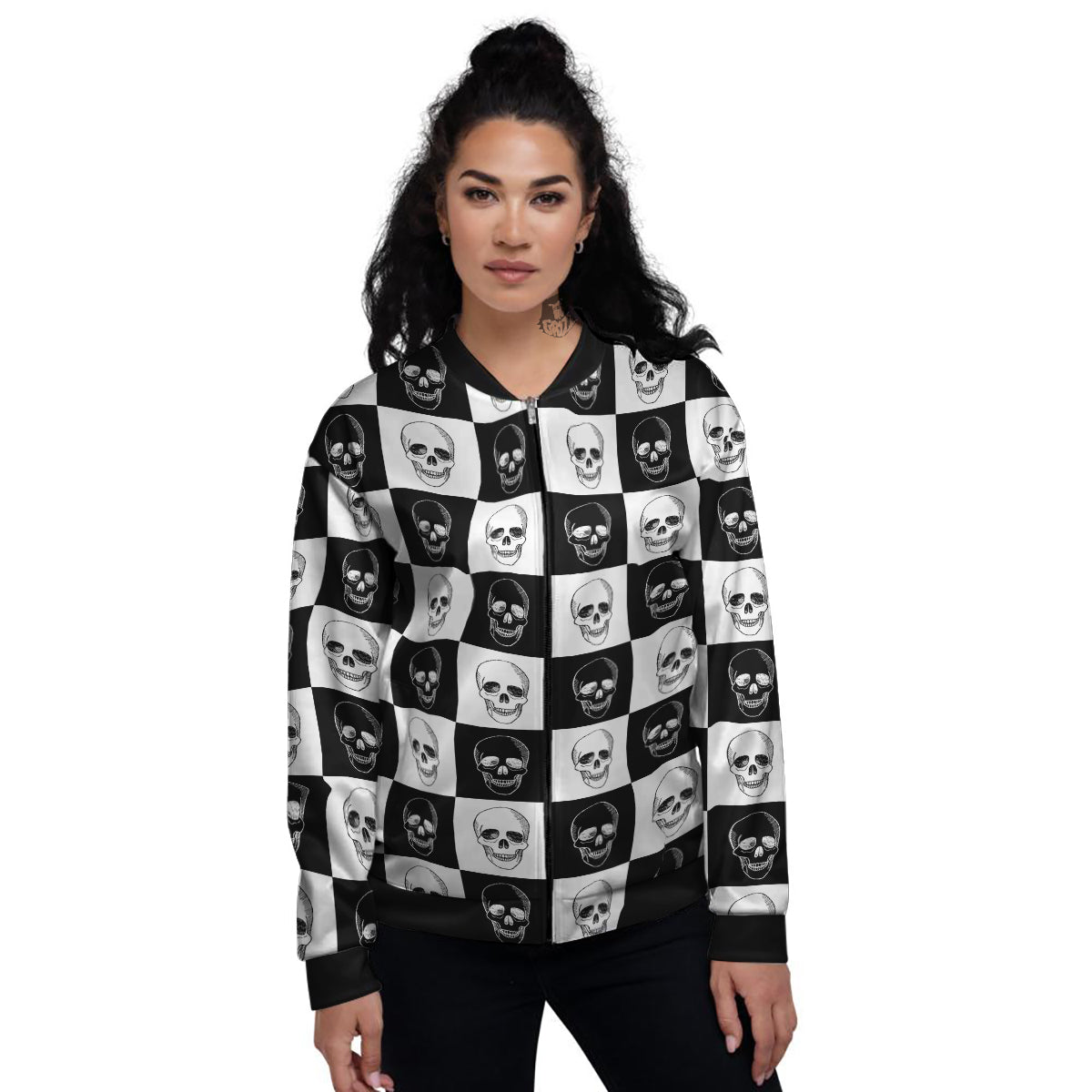 Skull Checkered Print Pattern Women's Bomber Jacket-grizzshop