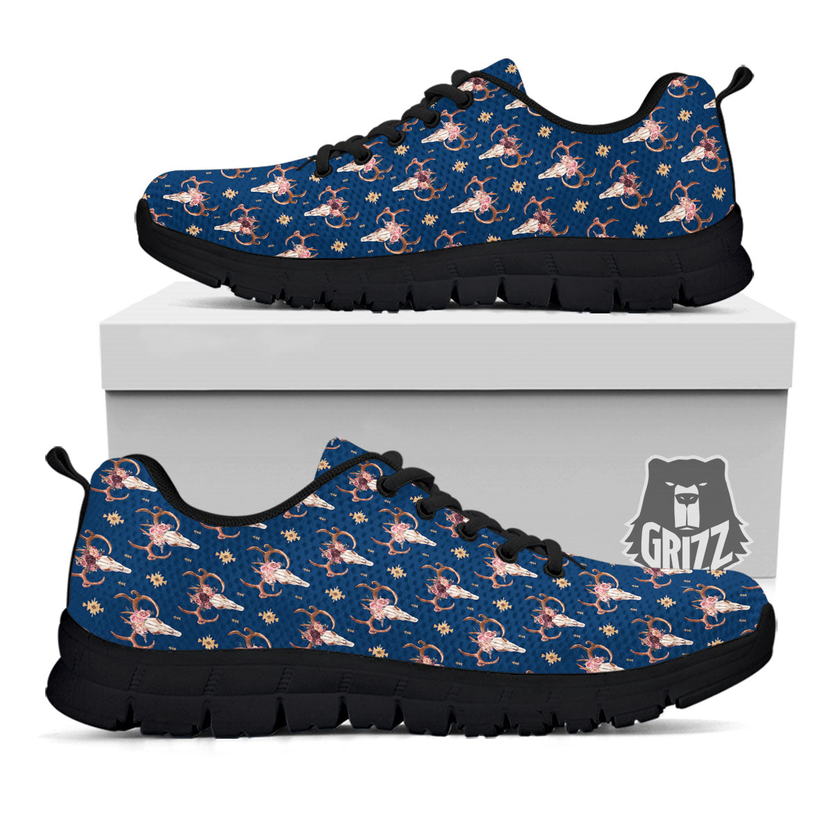 Skull Deer Boho Print Pattern Black Sneaker-grizzshop