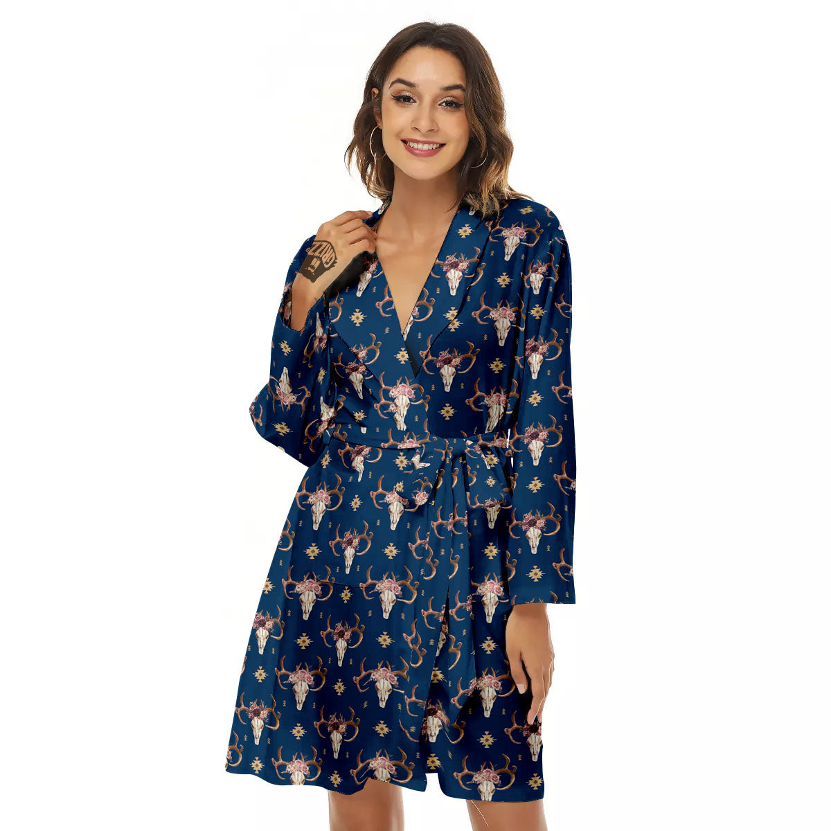 Skull Deer Boho Print Pattern Women's Robe-grizzshop