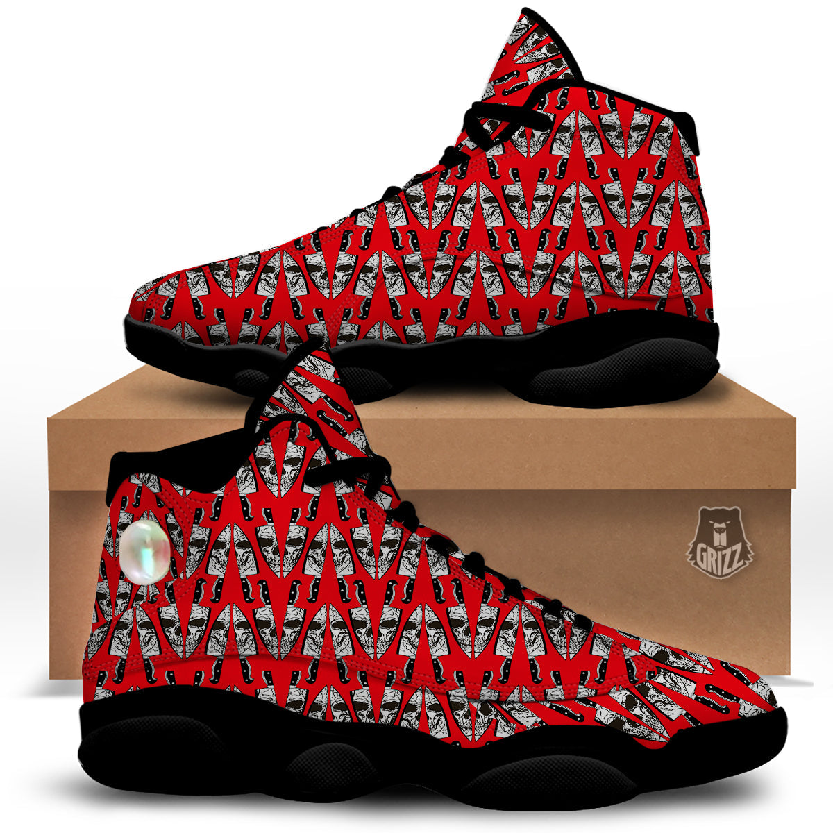 Skull Face Reflection Knife Print Pattern Black Basketball Shoes-grizzshop
