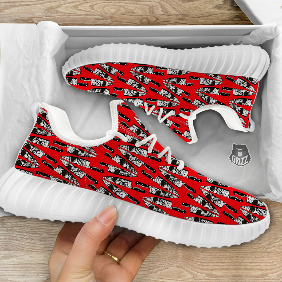 Skull Face Reflection Knife Print Pattern White Walking Shoes-grizzshop