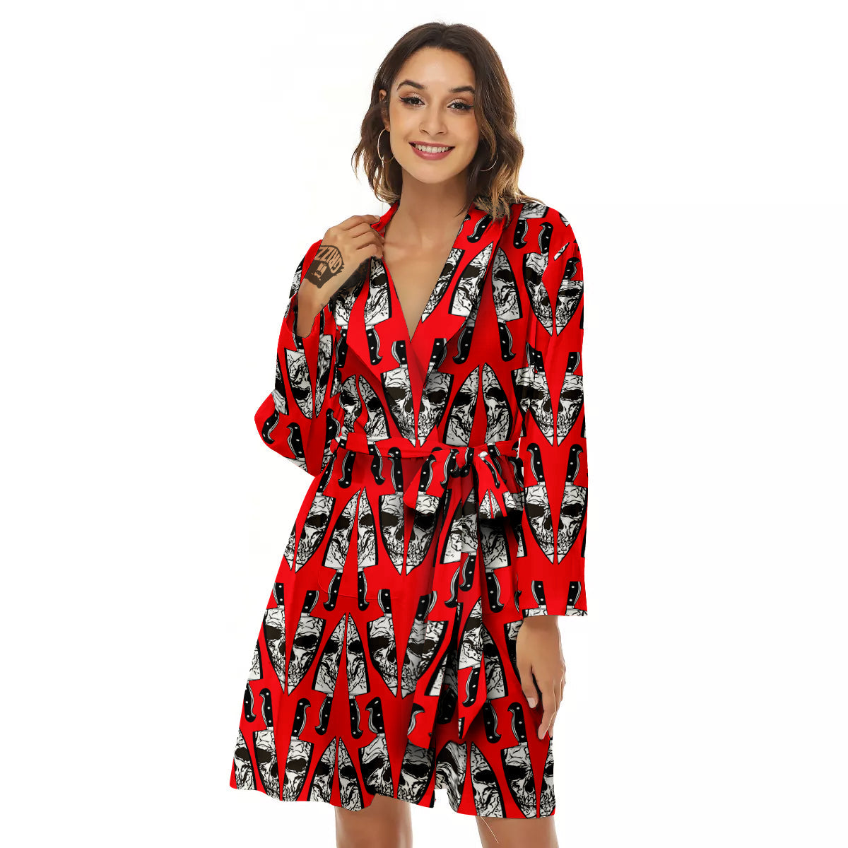 Skull Face Reflection Knife Print Pattern Women's Robe-grizzshop