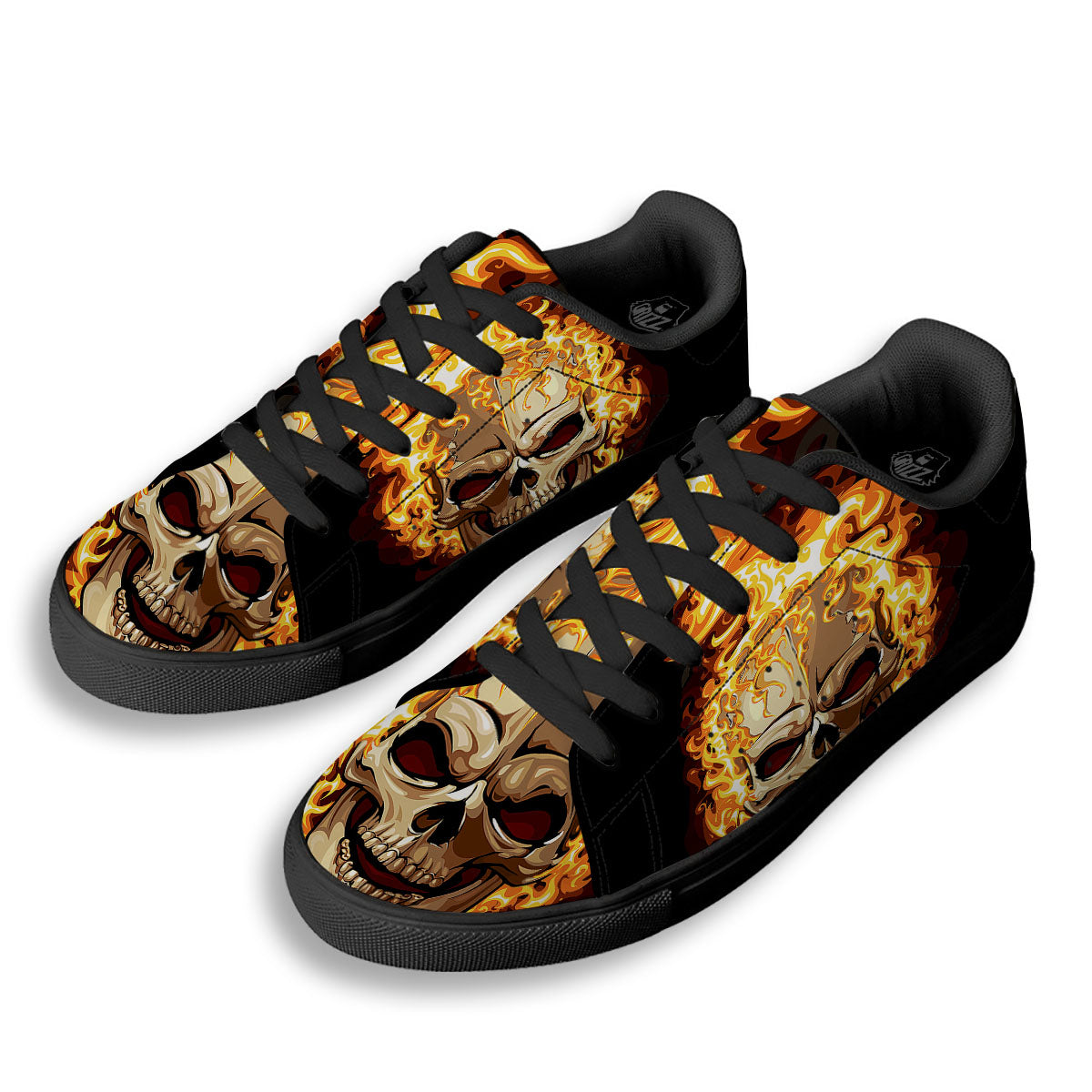 Skull Fire Print Black Low Top Sneakers-grizzshop