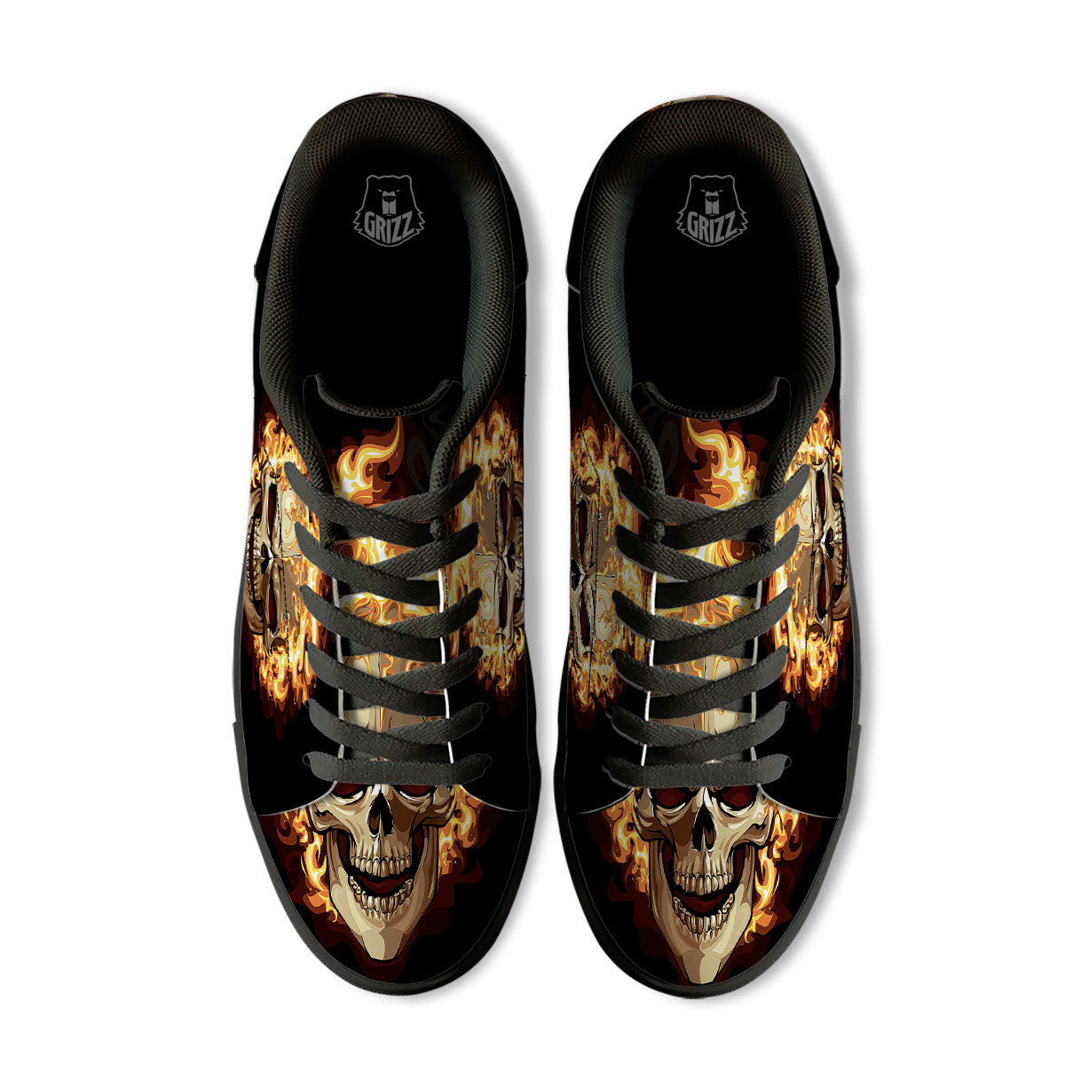 Skull Fire Print Black Low Top Sneakers-grizzshop